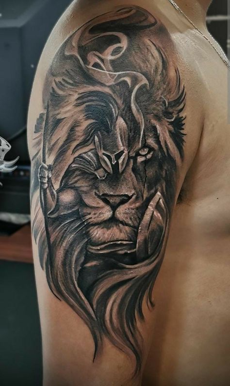 Tattoo Ideas Four Arm, Shoulder Lion Tattoo For Men, Lion Warrior Tattoo, Upper Shoulder Tattoo, Lion Chest Tattoo, Lion Shoulder Tattoo, Tiger Tattoo Sleeve, Shoulder Sleeve Tattoos, Soldier Tattoo