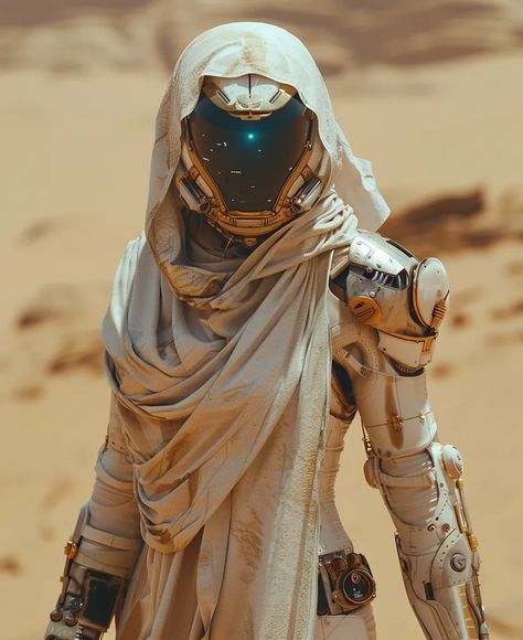 The image shows a person in a futuristic desert suit. The suit is white and gold, and it covers the person's entire body. The person is wearing a helmet with a blue visor, and they have a scarf wrapped around their neck. They are standing in a sandy desert, and there are large rocks in the background. Futuristic Desert Fashion, Space Suit Concept Art, Futuristic Space Suit, Sci Fi Suit, Dune Fashion, Future Mask, Sandy Desert, Space Western, Desert Outfit