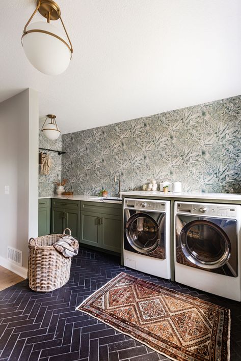 Chevron Vs Herringbone, Wallpapered Laundry Room, Laundry Inspiration, Functional Laundry Room, Laundry Mudroom, Cabinetry Hardware, Entry Design, Laundry Room Ideas, Entry Decor