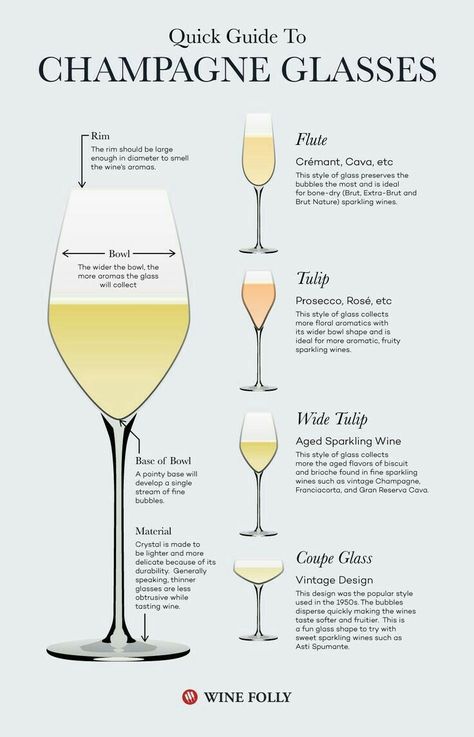 The taste of Champagne is greatly affected by the shape of the glass! So in order to have the best tasting sparkling wine, here's a little insight on how to cho Wine Chart, Wine Folly, Wine Knowledge, Wine Education, Wine Guide, Wine Food Pairing, Food Pairings, Wine Pairing, Champagne Glasses