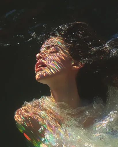 ↑↑↑ Larger size on website 🔸 A woman with long dark hair is submerged in water, her face tilted upwards. The water refracts the s Face In Water, Hair In Water, Emerging From Water, Submerged In Water, Water Swirl, Underwater Portrait, Water Shoot, Girl In Water, Long Dark Hair