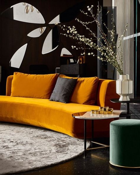 Curved sofa AUDREY by Gallotti&Radice Audrey Sofa, Fabric Sofa Design, Orange Sofa, Modern Contemporary Living Room, Luxury Furniture Brands, Curved Sofa, Types Of Sofas, Velvet Color, Velvet Material