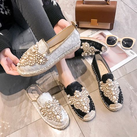 Spring Slides, Pearl Loafers, Fisherman Shoes, Homecoming Shoes, Beaded Moccasins, Pearl Shoes, Women's Flat Shoes, Summer Footwear, Canvas Loafers