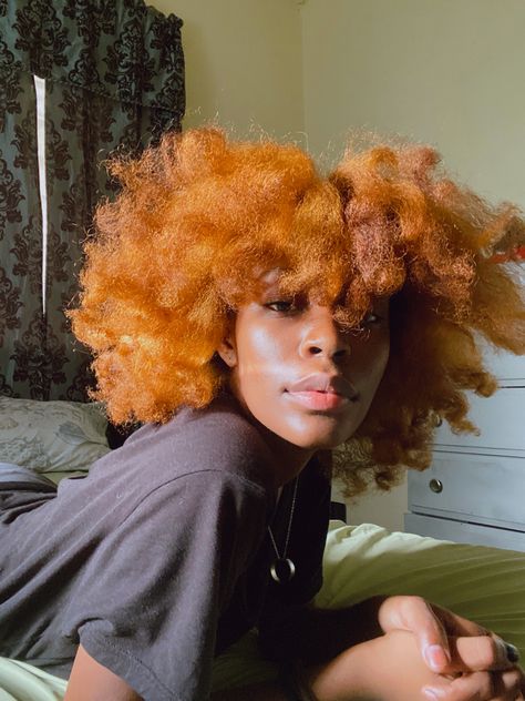 Black girl with ginger hair Orange Afro Hair Black Women, Ginger Afro Black Women, Afro Colored Hair, Ginger Hair Black Women Natural 4c, Ginger 4c Natural Hair, Black Women With Ginger Hair, Afro Dyed Hair, Black Woman Ginger Hair, Dyed Natural Hair Ginger