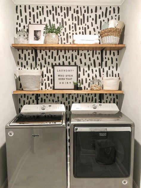 AFFORDABLE & EASY DIY LAUNDRY ROOM MAKEOVER Laundry Room Boho Decor, Laundry Room Ideas No Cabinets, Small Laundry Room With Shelves, Diy Shelf Laundry Room, Diy Home Renovations On A Budget Farmhouse Style, Laundry Room Cheap Makeover, Boho Small Laundry Room, Small Laundry Room Ideas Wire Shelves, Best Flooring For Laundry Room