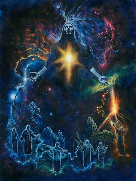 The Music of the Gods by KipRasmussen  “This is Ainulindale, the music of the Gods who created the world spiritually through song before its material formation. That’s Eru in the middle and Varda, Manwe, Ulmo, Aule, Yavanna and Melkor, left to right. " Gil Galad, History Of Middle Earth, J.r.r. Tolkien, Middle Earth Art, Tolkien Books, Tolkien Art, Jrr Tolkien, Middle Earth, Lord Of The Rings