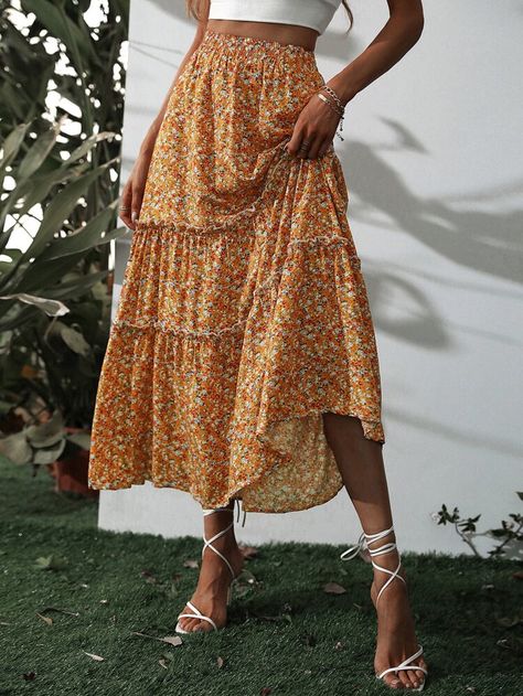 Ruffle Long Skirt, Yellow Midi Skirt, Preppy Prom, Ruffle Hem Skirt, 70s Inspired Fashion, Business Formal Dress, Coachella Dress, Boho Bridesmaid, Flower Skirt