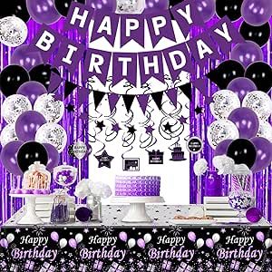 Purple Black Birthday Decorations for Women Girls, Happy Birthday Party Decorations for Her Him Bday Party Supplies Balloons Tablecloth Foil Fringe Curtains Hanging Swirls Decor Pennant Flag Black Birthday Decorations, Purple Happy Birthday, Indoor Birthday Parties, Birthday Decorations For Women, Surprise Ideas, Purple Birthday Party, Fringe Curtains, Purple Fringe, Silver Confetti