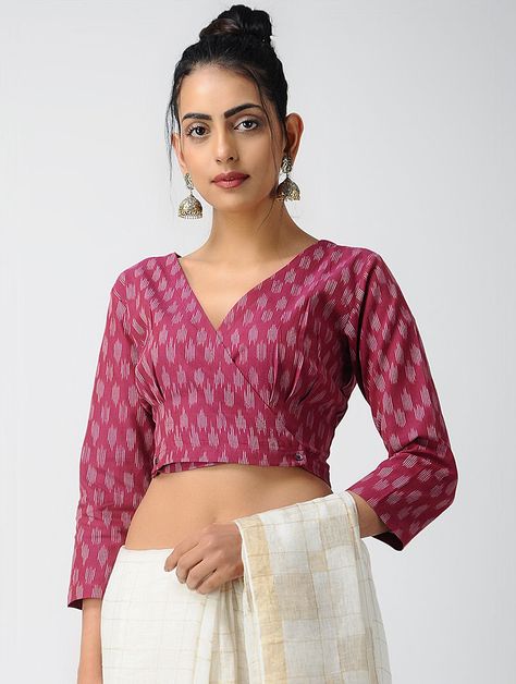 Buy Online at Jaypore.com Kalamkari Blouse Designs, Cotton Blouse Online, Ikat Blouse Designs, Ikat Blouse, Long Blouse Designs, Blouse With Buttons, Kalamkari Blouse, Cotton Saree Blouse Designs, Cotton Blouse Design