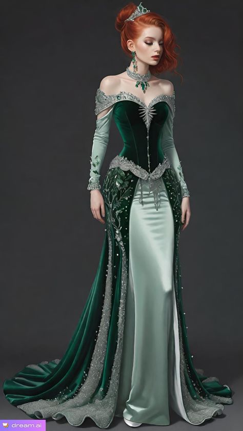 Game Of Thrones Outfits Inspiration, Fantasy Queen Outfit, Merlin Dresses, Targaryen Dress Aesthetic, Warrior Queen Dress, Green Princess Gown, Red Fantasy Gown, Winterfell Dress, Green Fantasy Dress