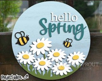 Spring Flower Decor, Sell Embroidery, Vinyl Stencil, Bee Sign, Door Signs Diy, Wooden Door Signs, Round Door, Spring Door, Welcome Spring