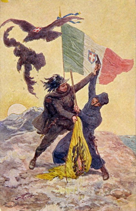 Color illustration of Italian soldier holding German soldier back from shooting the black bird with Italian symbol as it kills the German black bird Ww1 Italian Soldier, Ww1 Drawings, German Symbols, Ww1 Propaganda, Ww1 Posters, Fairytale Quotes, Wwii Propaganda Posters, Italian Empire, Ww2 Propaganda