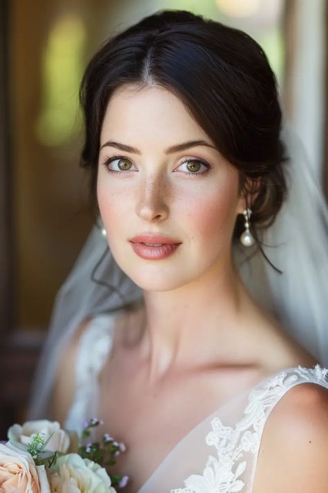 Natural Makeup Brown Hair Brown Eyes, Berry Bridal Makeup, Older Bride Makeup, Natural Glam Wedding Makeup Hazel Eyes, Natural Makeup For Brunettes, Minimalist Wedding Makeup, Bridal Makeup Hazel Eyes, Simple Bridal Makeup Natural, Winter Bridal Makeup