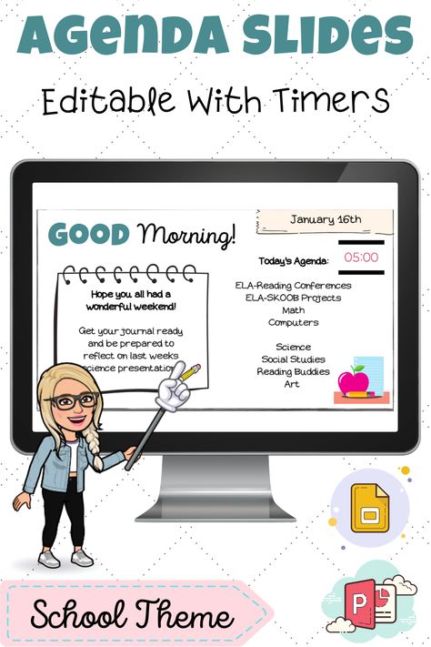 Daily Agenda Template for Google Slides

A simple and easy-to-use template to help you stay organized and productive. Includes placeholders for the date, time, topic, and attendees. Perfect for meetings, workshops, and Classroom Powerpoint, Daily Agenda Template, Classroom Agenda, Daily Agenda Slides, Reading Buddies, Daily Agenda, Classroom Tips, Morning Message, Classroom Board