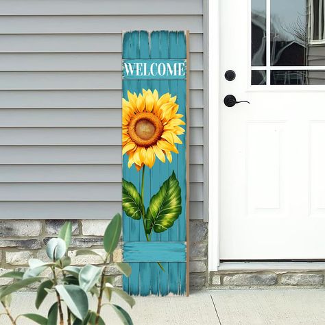 PRICES MAY VARY. Summertime Charm: Welcome the arrival of summer with our delightful porch sign featuring a blooming sunflower on a vibrant blue wooden board. Cheerful Design: The blue hue of the wooden board adds a cozy touch to your porch, while the cheerful sunflower symbolizes renewal and freshness. Perfect Size for Display: Once assembled, the dimensions of the porch sign measure 7.8 inches in width and 31.5 inches in height. Complete with a back rope, it's conveniently designed for hanging Signs For The Porch, Oh Hello Signs For Front Porch, Sunflower Wedding Sign, Home Sweet Home Sign Wooden, Diy Porch Signs Ideas, Fall Boards Signs, Door Signs Wooden, Fall Porch Signs, Small Front Porch Decor