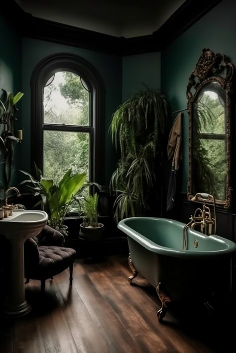 a dark cottage core bathroom. forest aesthetic. jungle themed lots of plants. a vintage green and gold tub. a golden vintage mirror. a large window showing a forest scenery outside. dark wooden floors. antique bathroom. Cottage Core Bathroom, Timeless Bathroom Design, Dark Green Bathrooms, Dark Cottage Core, Dark Bathrooms, Timeless Bathroom, Dark Home Decor, Bad Inspiration, Dark Home