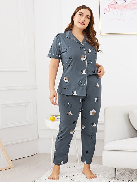 Plus Bear Print Button Up Pajama Set -SheIn(Sheinside) Night Suits Pajama Set Design, Night Suits Pajama Set, Pajamas Plus Size, Night Wear Dress, Winter Loungewear, Night Suit For Women, Button Up Pajamas, Plus Size Pajamas, Pajamas Comfy