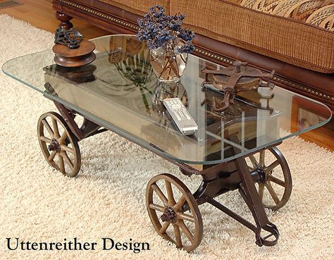 Repurposed Wagon Coffee Tables Coffee Table Glass Top, Antique Wagon, Table Glass Top, Coffee Table Glass, Wood Wagon, Display Coffee Table, Coffee Table Furniture, Reclaimed Wood Projects, Table Glass