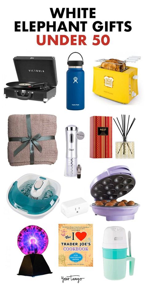 If you're looking for some of the best white elephant gift ideas under $50 then here's a list of ideas to inspire you. Cool White Elephant Gifts, White Elefante Gift Ideas, Nice White Elephant Gifts, White Elephant Gift Ideas For Women, Christmas White Elephant Gifts Ideas, Cool White Elephant Gifts Ideas, White Elephant Basket, Best Gift Exchange Gifts Ideas, 50 Dollar Gift Ideas