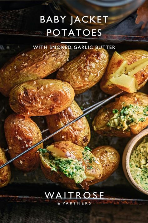 These baby jacket potatoes with smoked garlic butter are a fun (and delicious) take on the traditional baked potato 🥔 The yummy, herby garlic butter makes them extra-special. Tap for the full recipe. Garlic Butter Recipe, Smoked Garlic, Jacket Potatoes, Potato Dinner, Crispy Cheese, Tasty Vegetarian Recipes, Delicious Vegetables, Baby Jacket, Slow Food