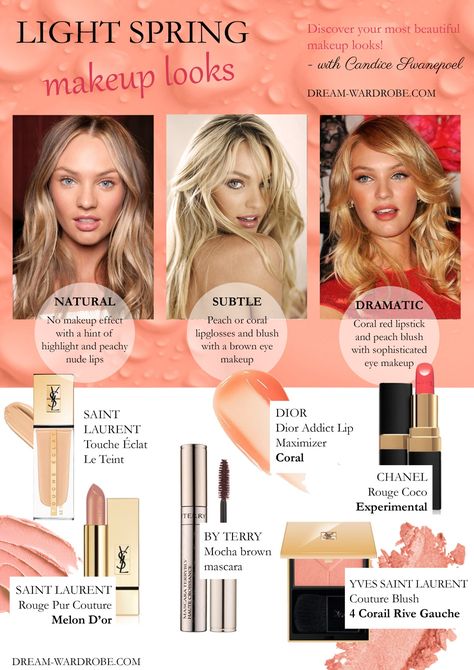 Light Spring Color Palette and Wardrobe Guide – Dream Wardrobe Light Spring Makeup, Candice Swanepoel Makeup, Coral Red Lipstick, Easter Makeup Looks, Light Spring Palette, Light Spring Color Palette, Nude Lip Makeup, Light Spring Colors, Brown Mascara