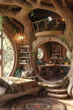 Tree House Room Ideas, Elven Bedroom Middle Earth, Cozy Bedroom Library, Magical Cottage Interior, Woodland House Aesthetic, Elven Aesthetic Home, Cozy Treehouse Interior, Fairy Home Interior, Hobbit House Interior Inspiration