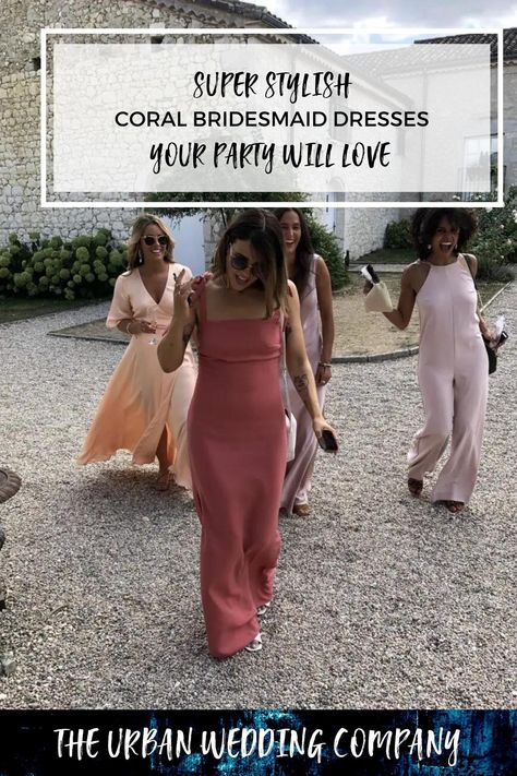 Coral is back with a modern twist. A modern muted tone pink Coral is perfect for any wedding season. Bridesmaid Pantsuit, Pregnant Bridesmaid, Bridesmaid Outfits, Coral Bridesmaid, Modern Bridesmaid, Coral Bridesmaid Dresses, Asking Bridesmaids, Pink Bridesmaid Dress, Bridal Jumpsuit