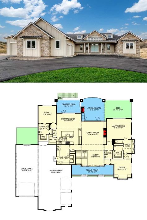 4-Bedroom Single-Story New American House Plan with RV Garage and Finished Walkout Basement Home With Rv Garage, Finished Walkout Basement, American Style House, Courtyard Entry, American House Plans, Basement House Plans, Rv Garage, Basement Floor, Basement Floor Plans