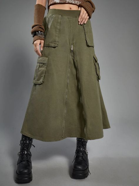 ROMWE Grunge Punk Flap Pocket Zip Up Denim Skirt for Sale Australia| New Collection Online| SHEIN Australia Utility Skirt, Denim Skirt Outfits, Rock Outfit, Denim Skirt Women, Grunge Punk, Cargo Skirt, Jeans Rock, Green Skirt, Casual Denim