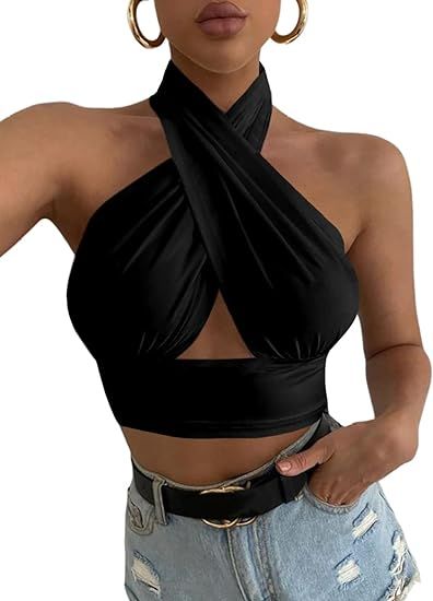 Rooscier Women's Sexy Crisscross Halter Cutout Sleeveless Backless Cami Crop Top Black Large at Amazon Women’s Clothing store Criss Cross Halter Top, Summer Knit Tops, Halter Neck Crop Top, Womens Halter Tops, Wrap Crop Tops, Top Halter, Backless Top, Halter Tops, Cropped Tops