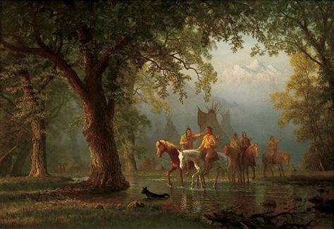 Albert Bierstadt, Departure of an Indian War Party. Oil on board, 17 1/4 x 24 1/4 inches. Indian Artist Paintings, Albert Bierstadt Paintings, Native American Flute Music, American Indian History, Albert Bierstadt, Hudson River School, Native American Flute, Indian Artist, Oil Painting Reproductions