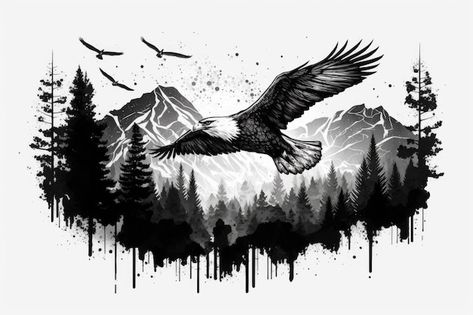 Premium AI Image | Majestic Eagle Soaring Over Mountain Range Vintage Tshirt Design Bird Mountain Tattoo, Eagle With Mountains Tattoo, Mountain Eagle Tattoo, Eagle And Mountain Tattoo, Eagle Soaring Tattoo, Eagle Mountain Tattoo, Soaring Eagle Tattoo, Mountain Landscape Tattoo, Eagle Tattoo For Women