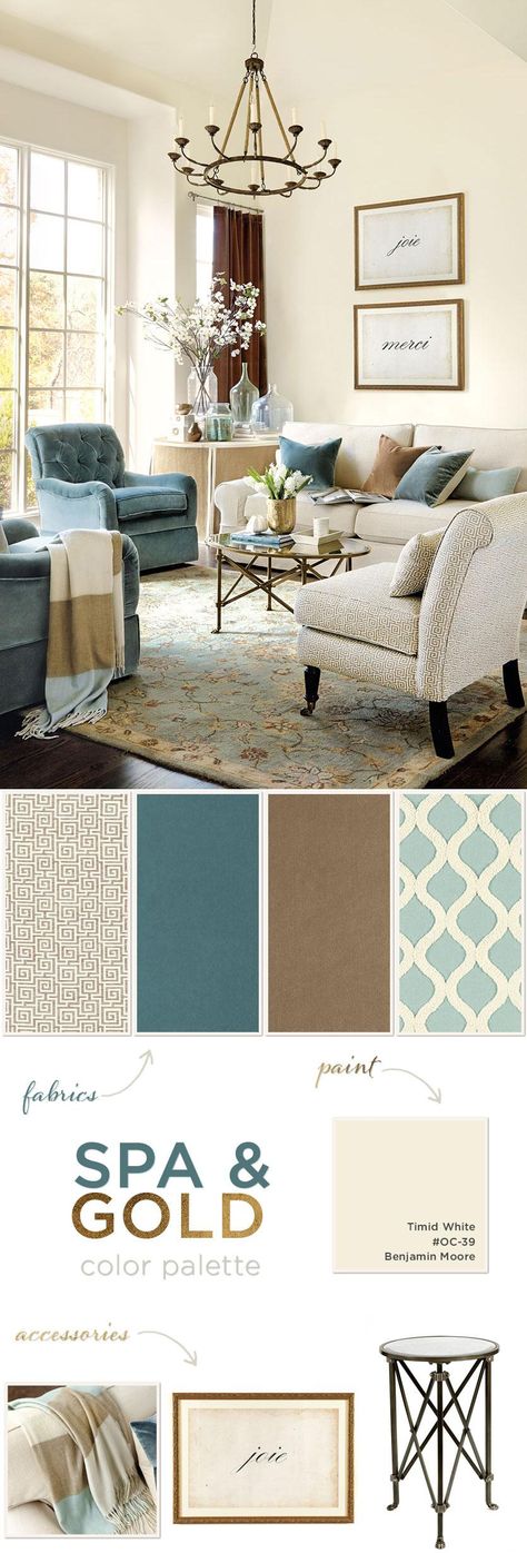 Gold gives spa blue a cozy, warmth Living Room Color Schemes, Trendy Living Rooms, Room Color Schemes, Brown Living Room, New Living Room, Formal Living Rooms, Room Colors, Living Room Inspiration, My New Room