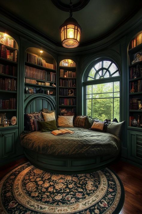 31 Dark Cottagecore House Interiors for a Moody Nostalgic Space Circular Reading Nook, Nook With Shelves, Cottagecore House Interior, Cozy Book Nook, Dark Cottagecore House, Cottage House Interior, Bedroom Library, Cottagecore House, Sleeping Nook