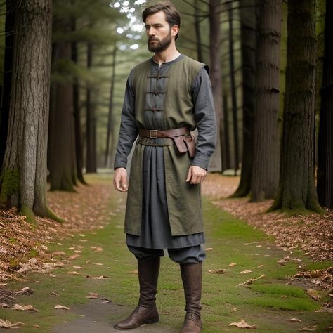 This historical reenactment tunic is perfect for medieval warrior enthusiasts and is extremely comfortable to wear in themed events such as cosplay. This set includes a strong green shirt with a dense gray undershirt, which will make you look like real Vikings and knights of the Middle Ages. As for the tunic, it is decorated with typical toggle fastening and the genuine leather belt with pouches to make the image of a real warrior. perfect for a day at the Ren faire or on the battlefield of your favorite con. If you are planning for re-enactment, themed costume party, or if you're a fan of historical fashion, this set of warrior's attire is a great addition to your wardrobe. Medieval Villager Clothing, Groomsmen Kilts, Mens Medieval Clothing, Viking Outfit Male, Viking Cosplay Men, Warrior Man, Mens Ren Faire Outfit, Medieval Outfits Men, Medieval Clothing Men