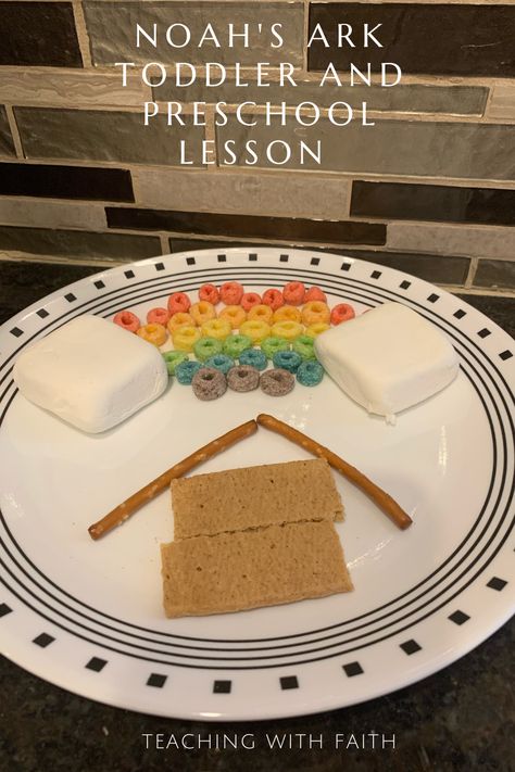 This pin has a plate with an ark made out of graham crackers and pretzels and a rainbow made out of colored cereal and marshmallows.  The title of the pin is "Noah's Ark Toddler and Preschool Lesson" by Teaching with Faith. Bible Activities For Toddlers, Noahs Ark Preschool, Noahs Ark Activities, Noahs Ark Craft, Jacob And Esau, Noah Building The Ark, Ark Craft, Genesis Creation, Preschool Bible Lessons