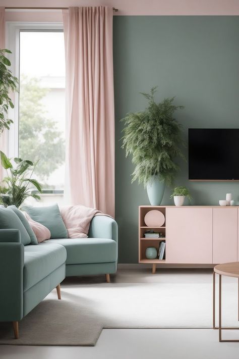 Create a minimalist living room oasis with muted pastel furniture, greenery, and ample storage. This space is perfect for relaxing and unwinding. The soft pink and blue colors create a calming and inviting atmosphere, while the plants add a touch of life and freshness. The storage keeps everything organized and out of sight, so you can focus on enjoying your space. Pastel Living Room Decor, Olive Walls, Blue And Grey Living Room, Navy Blue And Grey Living Room, Pastel Colors Living Room, Blue Grey Living Room, Grey Living Room Ideas, Pastel Interior Design, Blue And Green Living Room