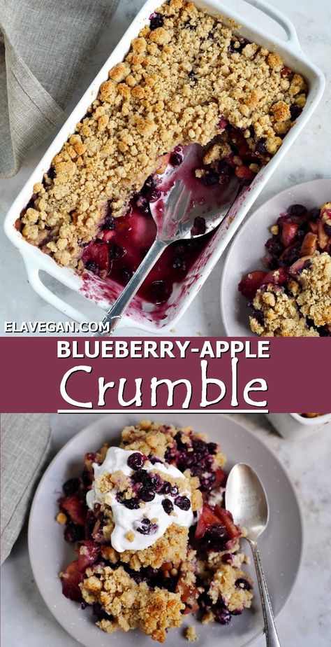 This easy vegan blueberry crumble recipe combines just 10 simple ingredients, including fresh or frozen blueberries with apples and cinnamon, and tops it with a gluten-free, crisp streusel topping (optionally refined sugar-free and oil-free!) for a cozy, comforting, crowd-pleasing dessert or breakfast! #blueberrycrumble #applecrumble #appleblueberrycrumble #vegancrumble | elavegan.com Apple Blueberry Crumble, Berry Crumble Recipe, Blueberry Crumble Recipes, Apple And Berry Crumble, Ramekin Dessert, Ella Vegan, Ramekin Recipe, Vegan Crumble, Oat Crumble Topping