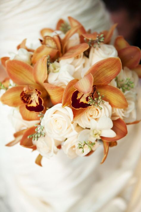 amber orchid bouquet. this would be amazing for a fall wedding! Copper Autumn, Orchid Bridal Bouquets, Wedding Copper, Orchid Nursery, Orchid Bouquet Wedding, Scottish Flowers, Bronze Wedding, Orange Bouquets, Orchid Bouquet