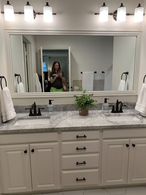 Double Sink Bathroom Remodel Ideas, White Master Vanity Double Sinks, Bathroom Vanity 2 Sinks 1 Mirror, Double Sink Bathroom Long Mirror, Long Double Vanity Bathroom Ideas, 6ft Bathroom Vanity, Around Tub Decor Ideas, Double Sink Bathroom Vanity One Mirror, Small Master Bath Vanity Ideas Double Sinks