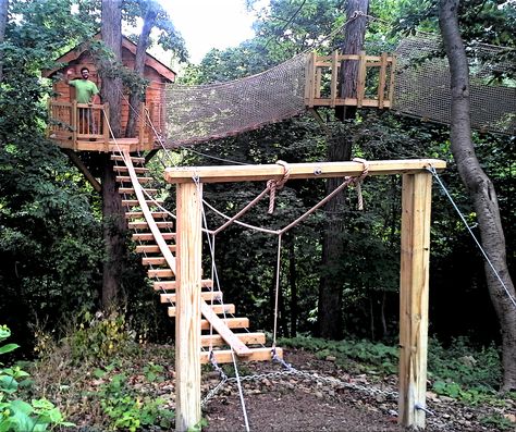 One of the most adventurous tree house projects we've ever done.  Included 3 bridges and a zipline 40' in the air.  Fancy Wow! Diy Zipline, Treehouse Diy, Treehouse Kids, Zip Line Backyard, Backyard Treehouse, Ninja Kids, Rope Bridge, Building A Treehouse, Tree House Plans