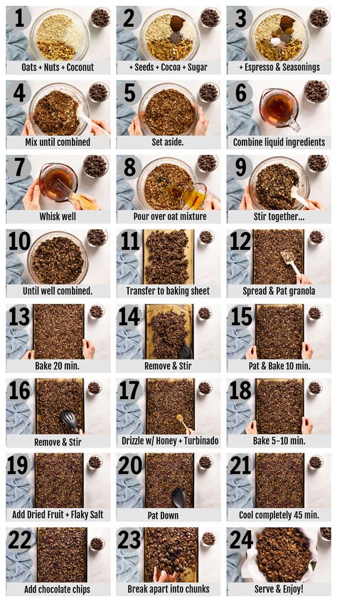 Overhead photo collage of how to make chocolate granola step by step with written instructions on each step. Dark Chocolate Granola, Make Granola, How To Make Granola, Homemade Dark Chocolate, Trail Mix Recipes, Chocolate Granola, Granola Recipe, Granola Recipes, Homemade Granola