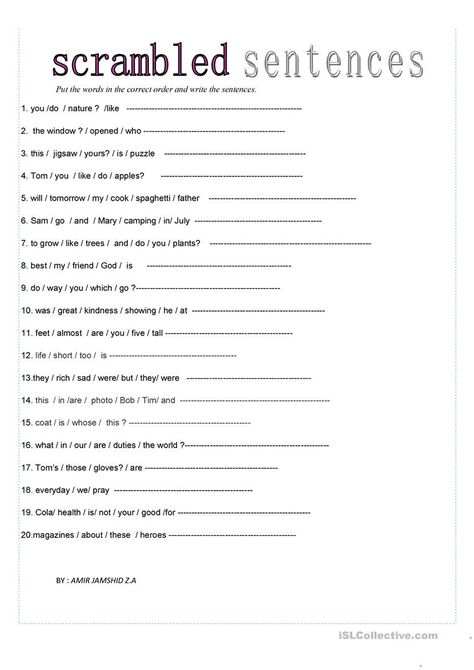 Scrambled sentences - English ESL Worksheets for distance learning and physical classrooms Writing Sentences Worksheets 3rd Grade, Sentence Scramble Worksheets, Sentence Formation Worksheets, Scrambled Sentences Worksheet, Adult Worksheets, Sentence Worksheet, Sentences Kindergarten, Writing Sentences Worksheets, Building Sentences