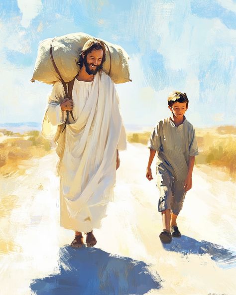 Carry each other’s burdens, and in this way you will fulfill the law of Christ. -Galatians 6:2 “He Carries My Burdens,” inspired by Galatians 6:2, began with a simple but powerful thought: young men and boys need to see that they are loved by the Savior. So often, we emphasize Christ’s tenderness toward others, but I wanted to create something that would speak directly to the hearts of young men—to show them that Jesus loves them deeply and personally. As a father to a young son, I think of... Galatians 6 2, Jesus Father, Bible Quotes Pictures, Galatians 6, Church Quotes, Prophetic Art, Ayat Alkitab, Christian Pictures, The Savior