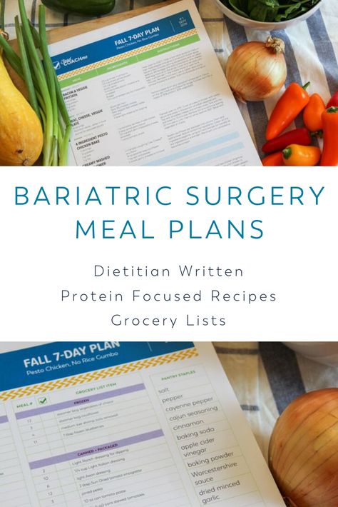 Bariatric surgery meal plans! Menus for weight loss surgery patients to stay on track. Grocery lists, recipes, protein counts all written by a dietitian #wls #bariatricmenu #bariatricmealplan #gastricsleevemealplan #gastricbypassmealplan Gastric Bypass Meal Plan, Bariatric Sleeve, Bariatric Friendly Recipes, Sleeve Surgery, Bariatric Eating, 7 Day Meal Plan, Meal Planning Template, Bariatric Recipes, After Surgery