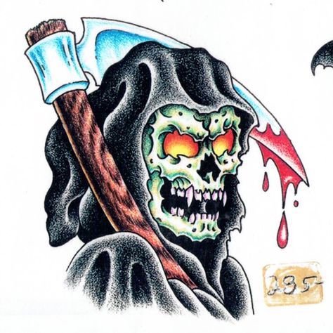 Tattoo Flash Appreciation on Instagram: “Official Tattoo Brand • Sheet 382 • 1995” Traditional Grim Reaper Tattoo Flash, Official Tattoo Brand Flash, Grim Reaper Drawing, Brand Tattoo, Reaper Drawing, Abstract Tattoo Ideas, Vintage Tattoo Design, Flash Sheets, Grim Reaper Tattoo