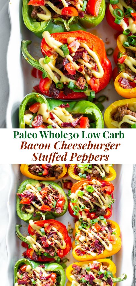 Cheeseburger Stuffed Peppers, Paleo Stuffed Peppers, Chicken Casserole Dinners, Stuffed Peppers Recipe, Whole30 Dinner Recipes, Whole30 Dinners, Dairy Free Cheese, Bacon Cheeseburger, Paleo Whole 30