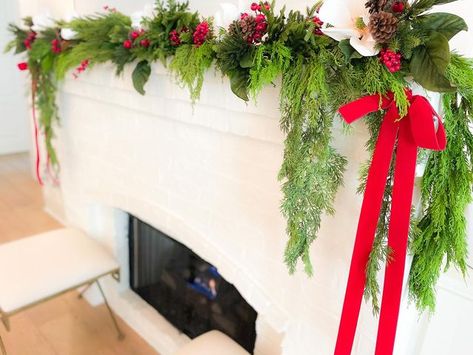 Blanc Box on Instagram: "❤️🌿The Merry Magnolia Mantle Blanc Box Includes🌿❤️: (2) 6’ White Cedar Garland (5) 17” Magnolia Berry Spray (4) 41” Cedar Berry Spray (6) 20” Cypress Sprays (2) 36" Juniper Hanging Bush Garland (1) 1.5”x 11 yds Scarlet Swiss Velvet Ribbon Roll Decor Included In This Blanc Box Is “Real Touch”" Cedar Garland, Christmas Tree Kit, Christmas Tree Box, Ribbon Roll, Mardi Gras Wreath, Ribbon Box, Tree Box, Ribbon Bouquet, Fall Ribbons