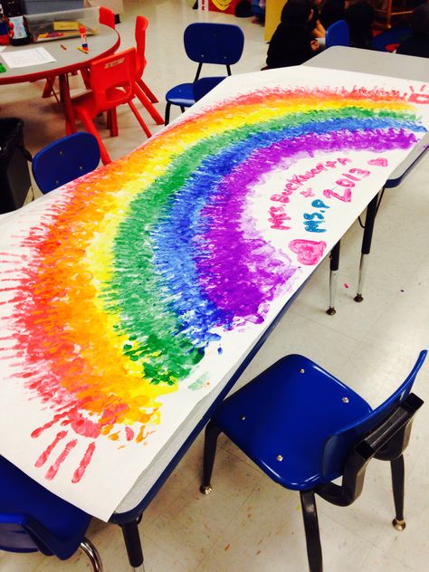 Great preschool art project to go along with the Color theme ! Use washable paints and have children dip one hand in, then rub them together. Hold their hands and place them in the arch shape until no paint remains. Repeat with each student and each child gets a chance! Let each color dry for 5 min before starting the next . Fun and easy . Ms.P معرض فني, Preschool Art Projects, Preschool Colors, Arch Shape, Preschool Graduation, Cool Art Projects, Aktivitas Montessori, Rainbow Theme, Collaborative Art