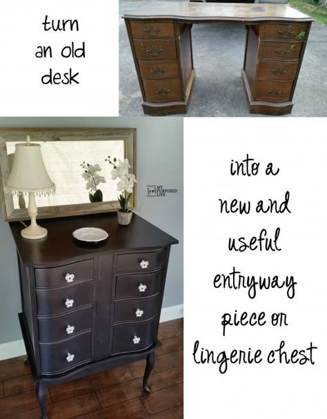 My Repurposed Life How to make a new chest for the bedroom or the entryway out of an old desk and a $1 coffee table. Step by step directions. #repurposed #furniture #desk #chest Repurposed Desk, 4h Projects, Repurpose Furniture, Upcycle Furniture, Old Desks, Furniture Flip, Furniture Rehab, Repurposed Furniture Diy, Diy Desk